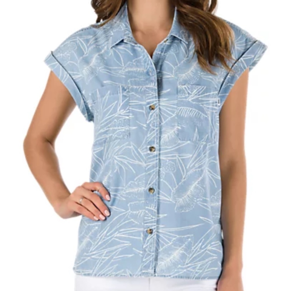 Vans Light Blue Leaf Print Rolled Cap Sleeve Button Down Top